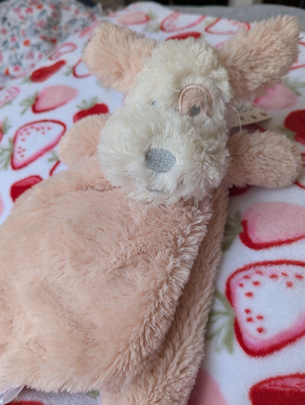 Oobles Dog Lovey Baby Blanket Pink Puppy Spot Eye Plush Rattle Soft Toy Gift